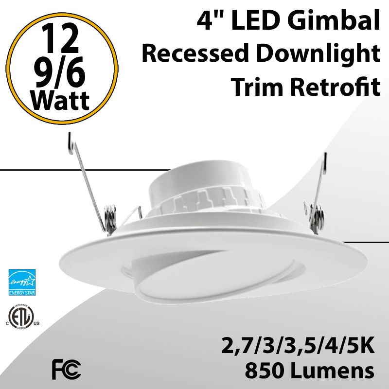 LED Gimbal Recessed Downlight Trim Retrofit 4" 12/9/6W 5CCT 850Lm