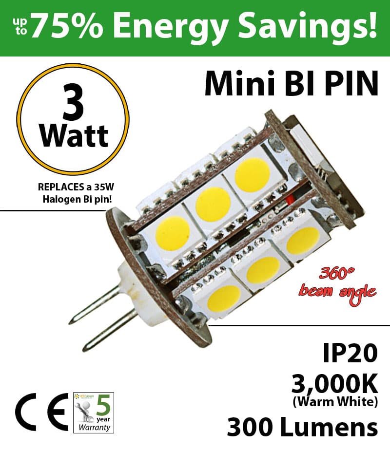 3W GY6.35 Base 3000K Replaces 20 Watt Halogen - 12 Volt DC Dimmable  thumbnail 3