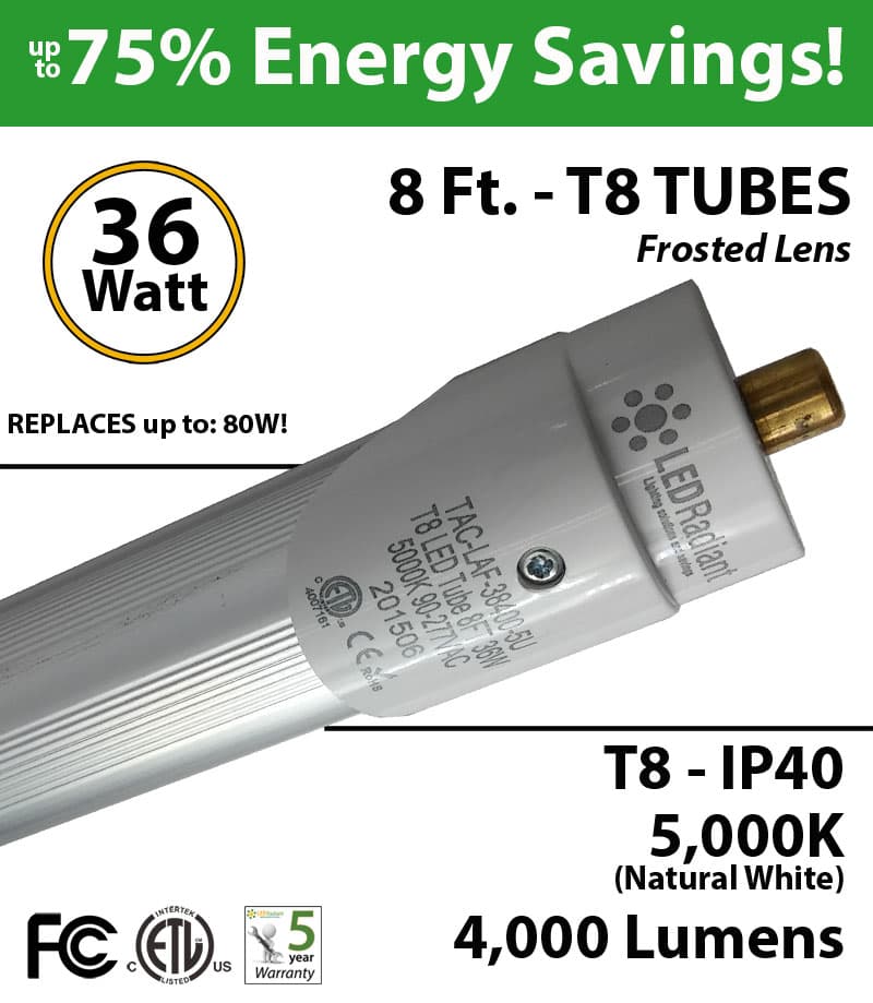 8ft LED Tube light T8 36W 5050Lm 5000K IP40 Frosted Lens thumbnail 6