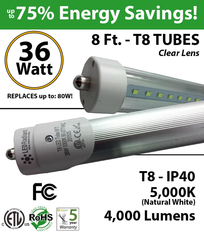 8 Ft. LED T8 Tube light 36W 4000Lm 5000K IP40 Clear Lens ETL thumbnail 7