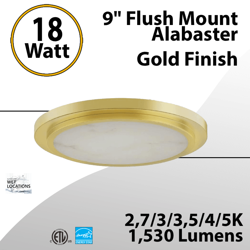 Flush Mount Alabaster 9" LED Ceiling Light, Gold Finish 18W 1530Lm 5CCT
