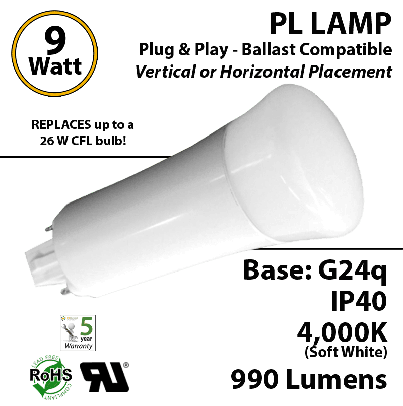 9W PL LED Lamp 990Lm 4000K Frosted Lens G24q IP40 UL Ballast Compatible — image 1