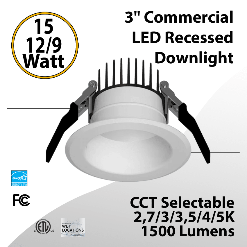 LED Commercial Recessed Downlight 3" 15/12/9W 5CCT 1500Lm Dual Dimming — image 1