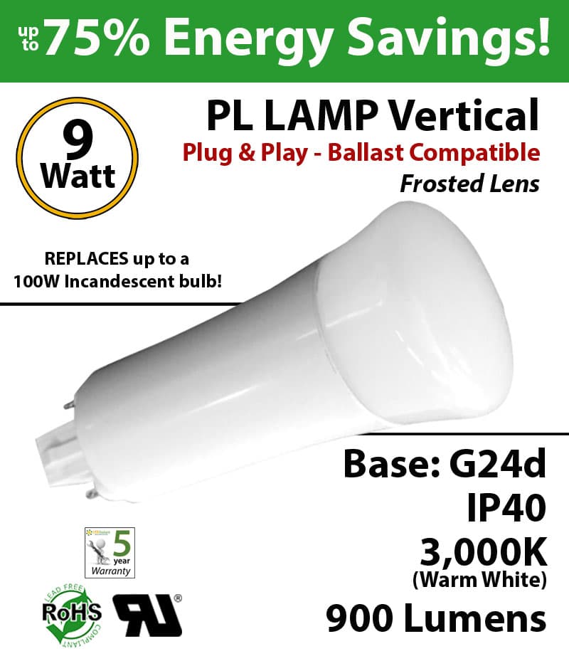 9W PL LED Lamp 900Lm 3000K Frosted Lens G24-d IP40 UL.  Ballast compatible thumbnail 4
