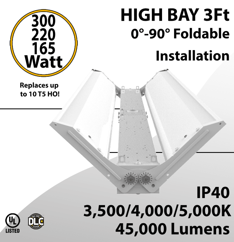 LED High Bay Light 3Ft. 300W/225W/165W 35K 40K 50K OS Ready UL DLC FCC