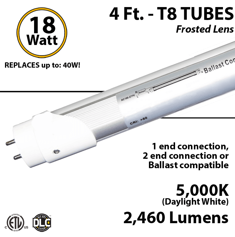 LED Tube light 18W 2460Lm, 5000K Frosted IP40 UL DLC Hybrid 1-2