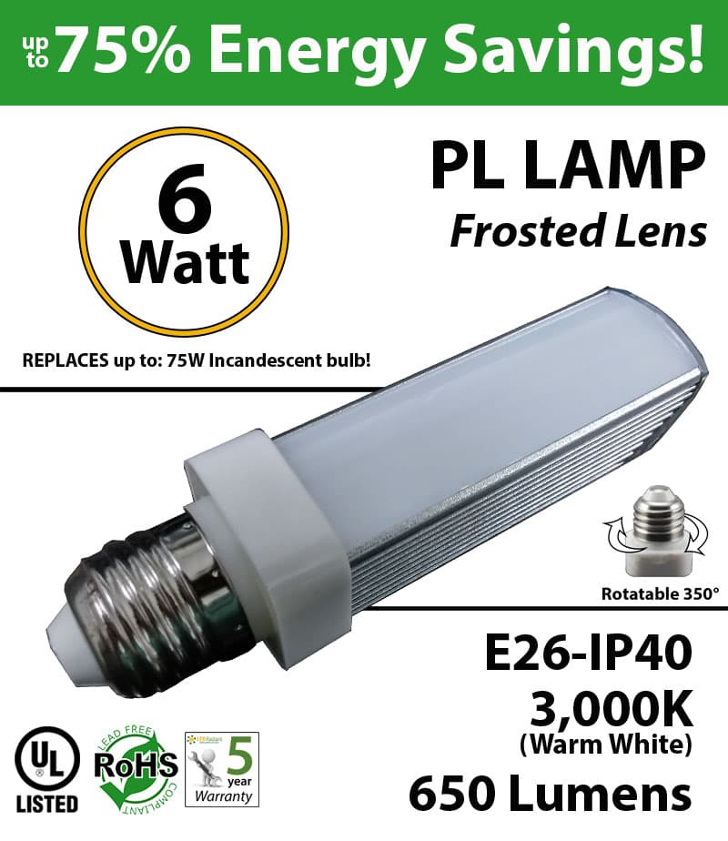 6W PL LED Bulb lamp 3000K E26 UL.Frosted.  Direct Line (Remove Ballast) thumbnail 6