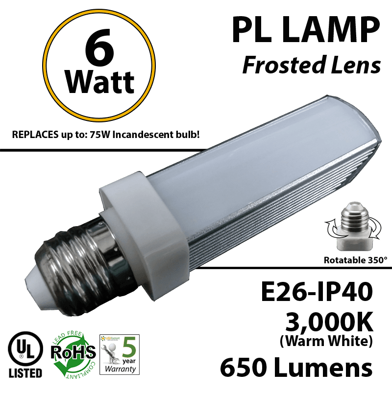 6W PL LED Bulb lamp 3000K E26 UL.Frosted.  Direct Line (Remove Ballast)