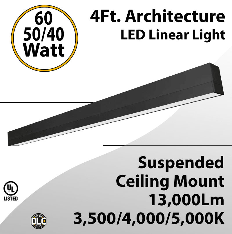 4FT Architectural LED Linear Downlight 60-40W Suspended/Ceiling Mount