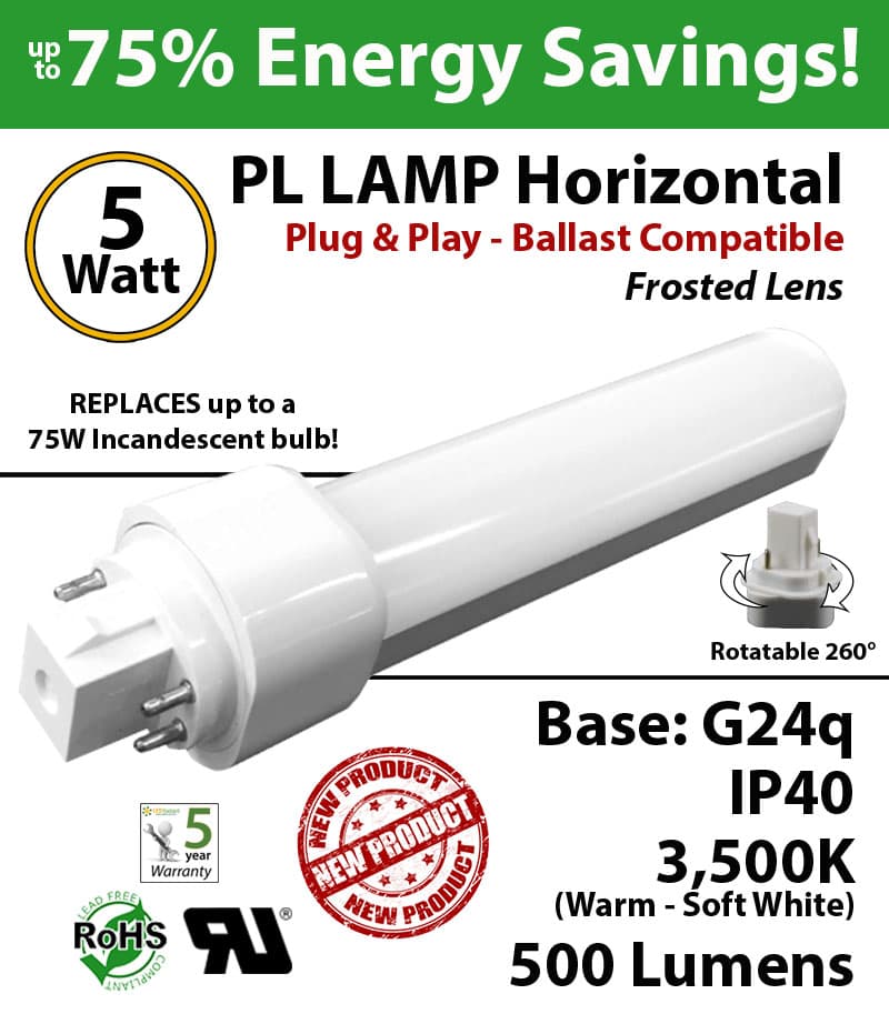 5W PL LED Lamp 500Lm 3500K Frosted Lens G24q IP40 UL. Ballast compatible thumbnail 5