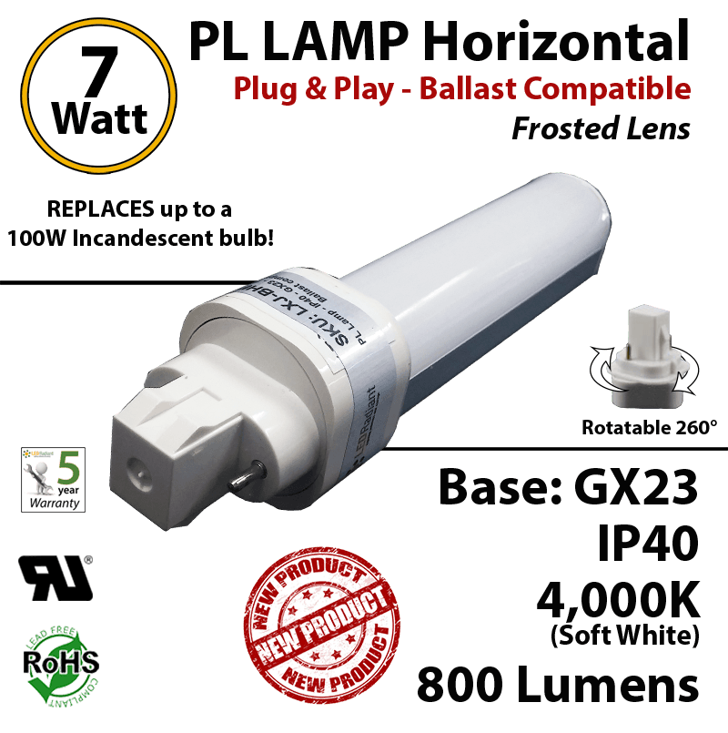 7W PL LED lamp 800Lm 4000K Frosted Ballast compatible GX23 IP40 UL. thumbnail 5
