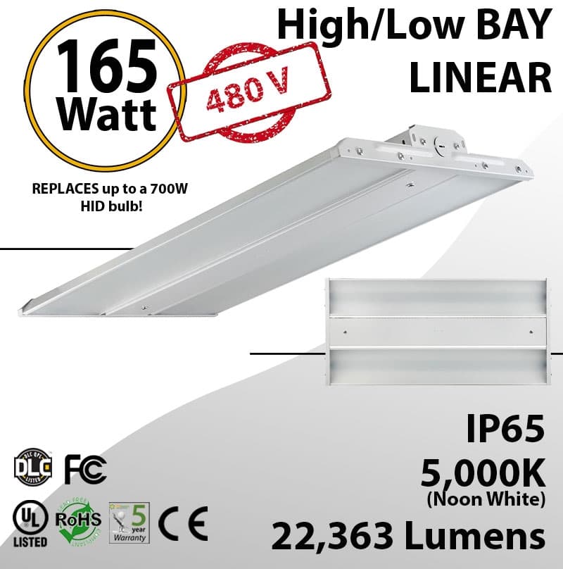LED Linear High Bay 480V Fixture 2Ft. 165W 22363 Lumens 5000K UL DLC thumbnail 2