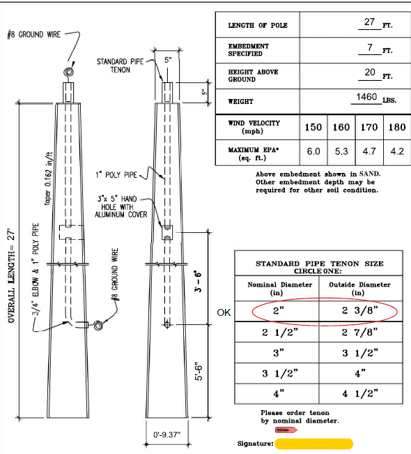 Light pole 20'Ft OAL  12Ft AG Type I-O square tapered concrete with tenon 2-3/8inch thumbnail 3