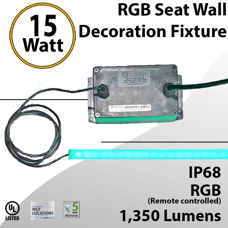 RGB - FIXTURE FOR SEATWALL  and 20' whip SJOOW for electrical connection and IP68 UL Type 6 box for driver and controller. IP64 aluminum profile with lens and IP68 LED RGB strip for 2 layers of protection. — image 1