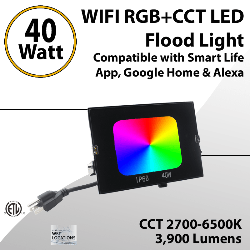 Outdoor Color Changing Flood Light 3900 Lm 40W IP66 Smart Life App, Google & Alexa