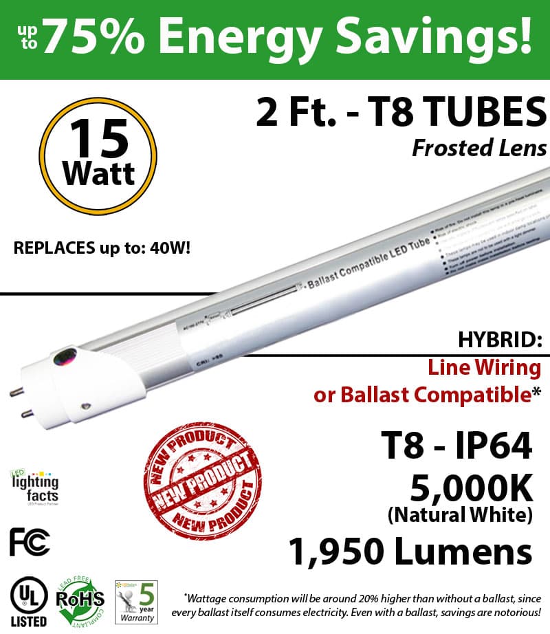 15W 2 Ft. LED T8 Aluminum Tube Light 5000K Frosted Lens 1950 Lumens Plug & Play or Line Wiring (Hybrid) thumbnail 2