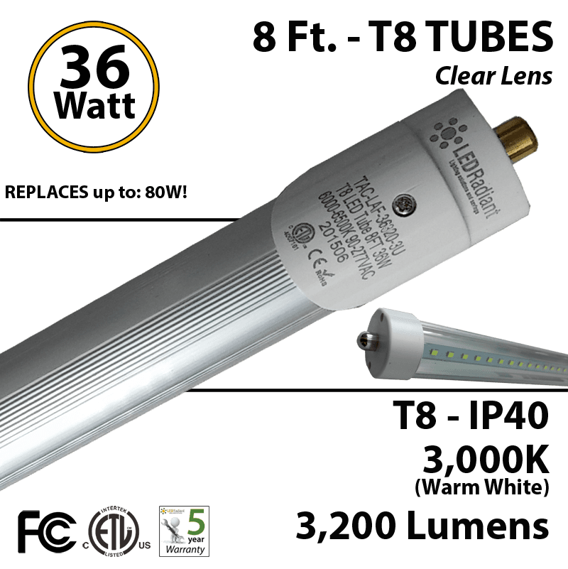 8Ft LED Tubes 36W T8 3200 Lm 3000K Clear IP40 Fluorescent replacement thumbnail 6