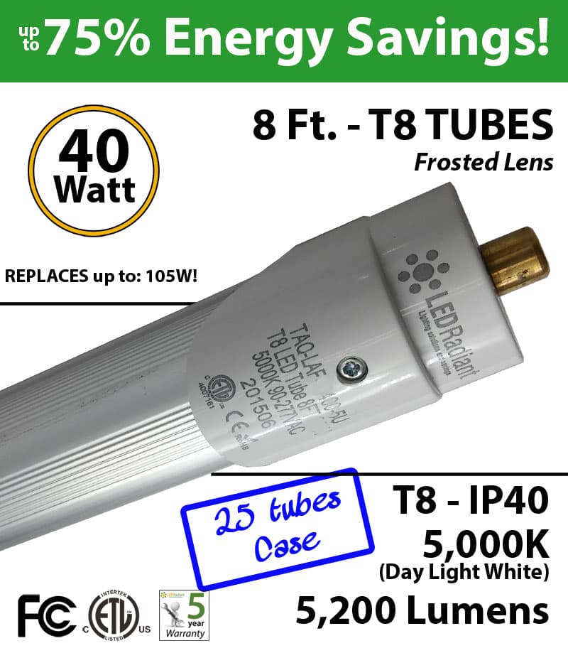 8 Ft. T8 LED Tube 40 Watt 5200Lm 5000K IP40 Frosted Lens thumbnail 2