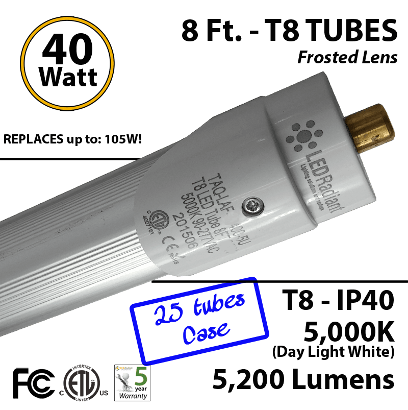 8 Ft. T8 LED Tube 40 Watt 5200Lm 5000K IP40 Frosted Lens