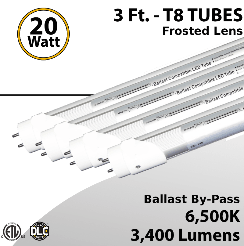LED T8 Tube Light 3Ft 6500K Frosted Lens Ballast By-Pass