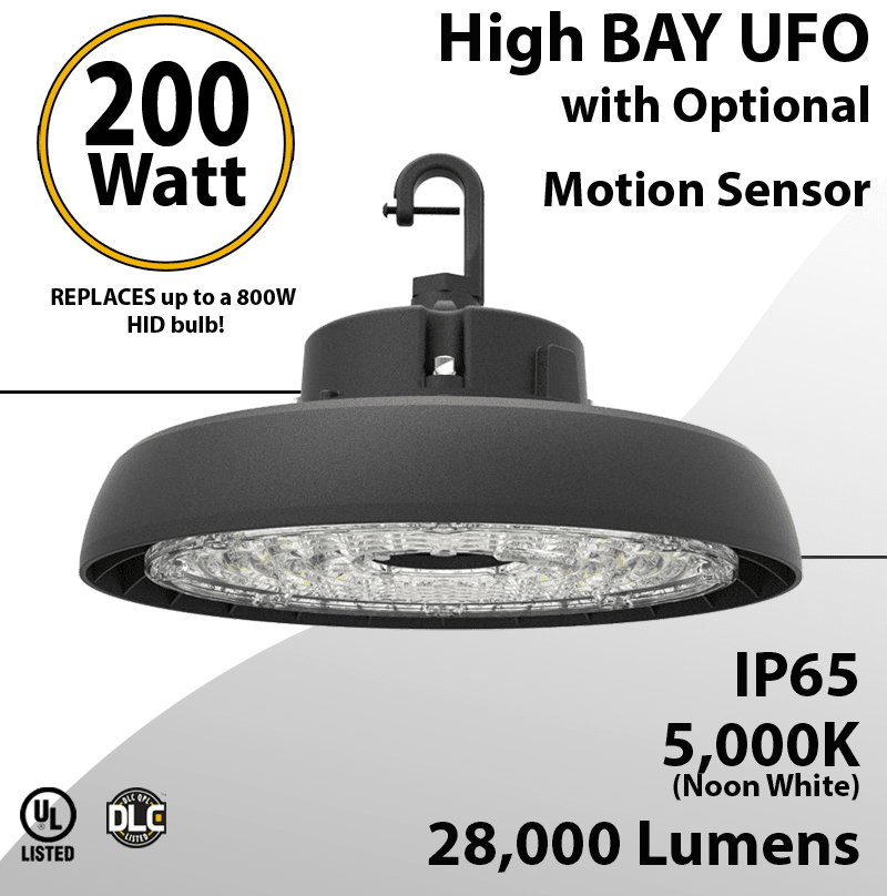 UFO Light 200W Optional Motion Sensor 28000 Lumens 5000K UL & DLC
