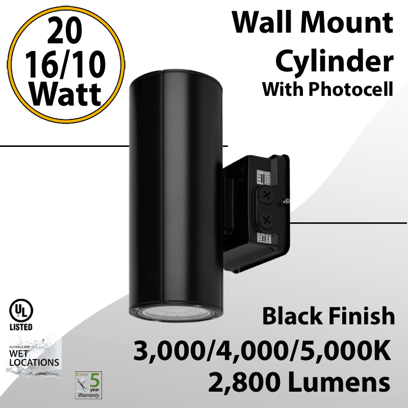 LED Wall Mount Cylinder Light 10/16/20W 3CCT 2800Lm Photocell Black Finish — image 1