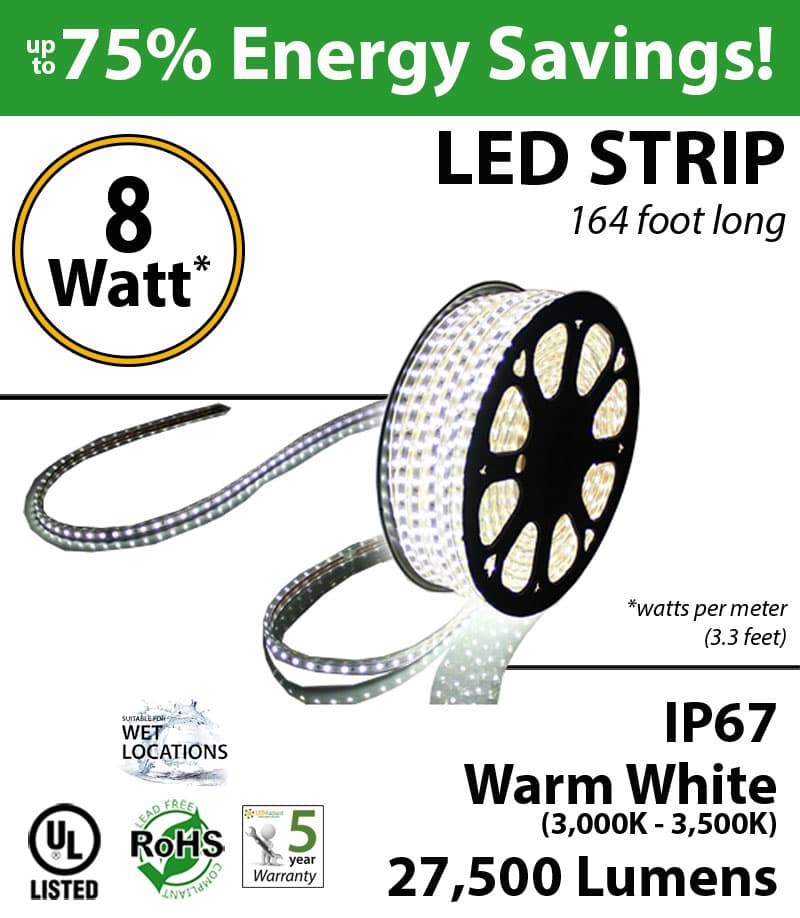 8W p/meter (2.4W p/feet) LED STRIP 50 Meters (164 ft) Warm white  (3,000K-3,500K) 70 Lumens p/watt — image 1