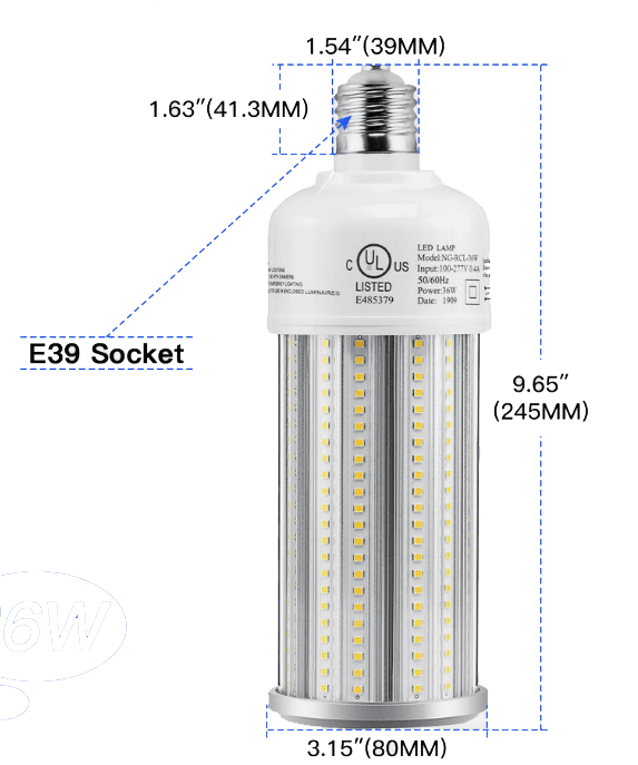 LED Corn Bulb Lamp 36W 5100Lm 5000K E39 IP64  UL drawing