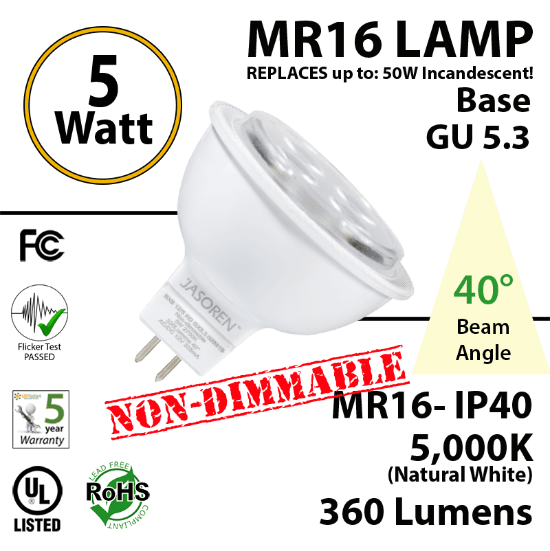 5W LED MR16 Base GU 5.3 Non-Dimmable 40° Beam Angle 5000K 360 Lumens IP40 