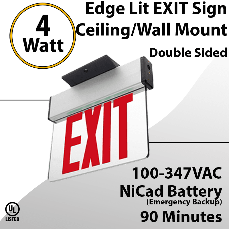 Exit Sign Edge-lit Battery Backup 2 Face Red, Damp Location