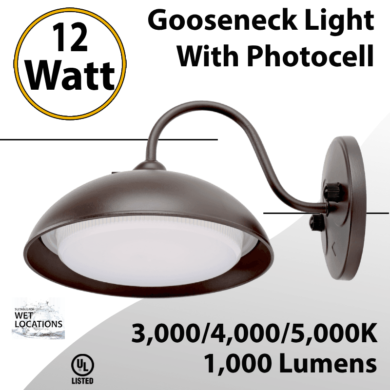 Gooseneck Light Wall Mount 12W 3000/4000/5000K Selectable - Photocell