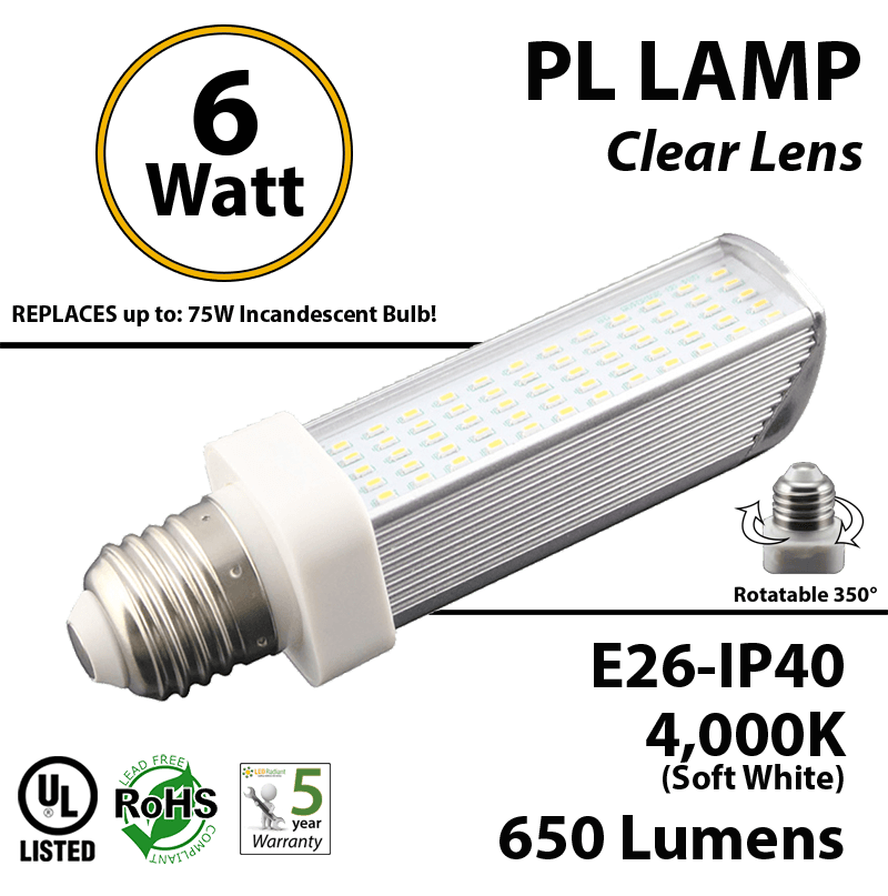 6W PL LED Bulb lamp, 650Lm, 4000K, E26, IP40, UL. (Rotatable 350 Degrees).  Direct Line (Remove Ballast)