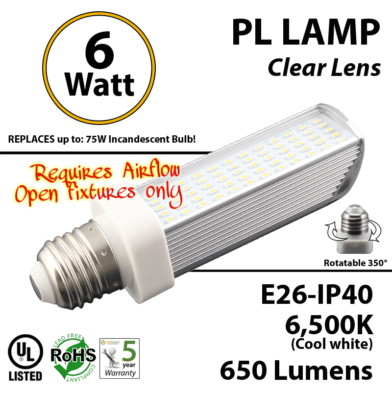 6W PL LED Bulb lamp 6500K E26 UL. Direct Line (Remove Ballast)