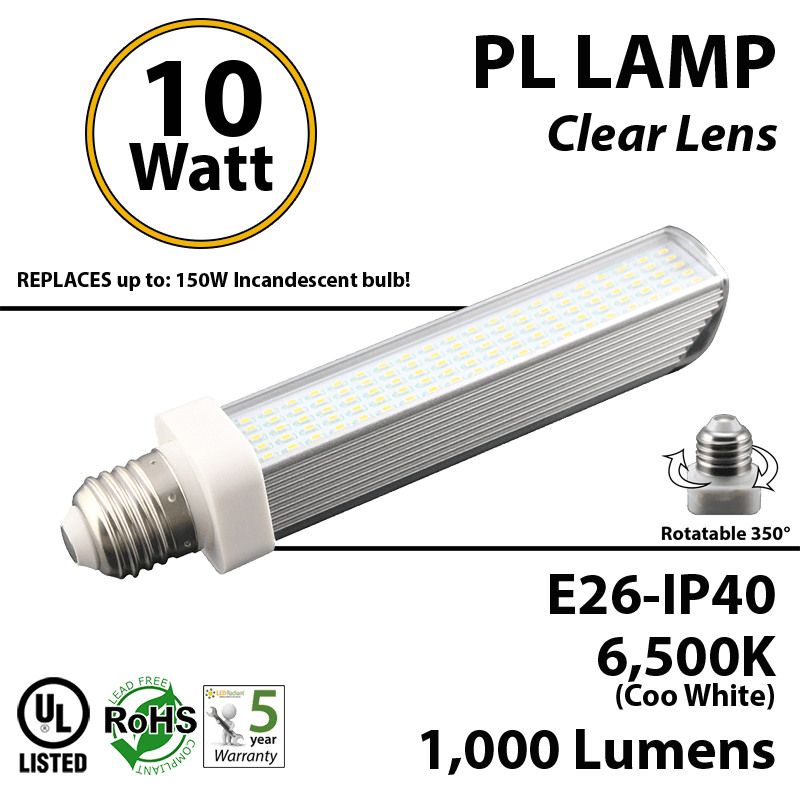 10W, PL LED Bulb lamp, 6500K, E26, UL.  Direct Line (Remove Ballast)