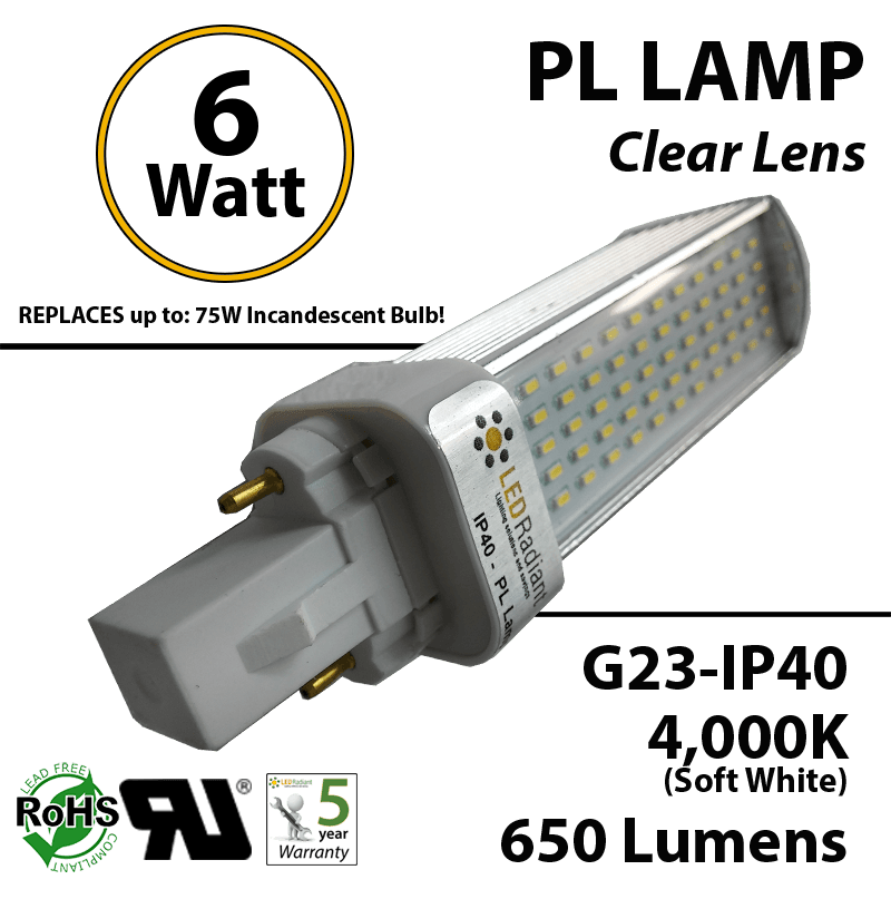 6W PL LED Bulb lamp 650Lm 4000K G23 IP40 UL. Direct Line (Remove Ballast)