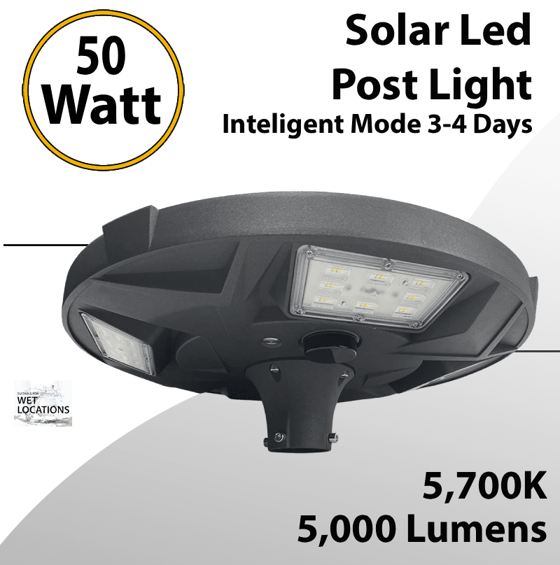 Solar Led Post Top Light 50W 5000Lm Inteligent Mode 3-4 Days
