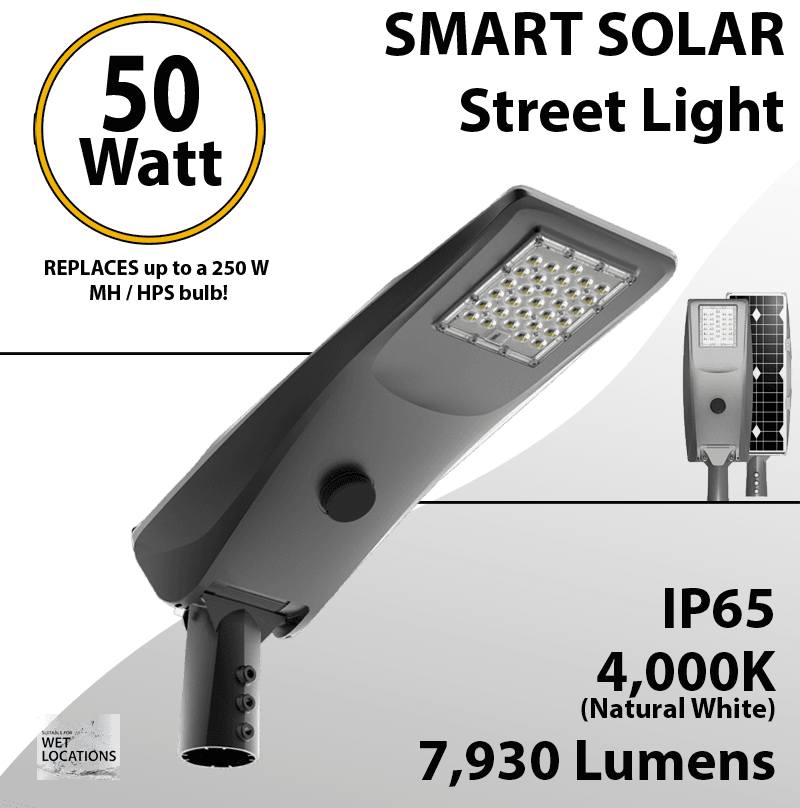 Solar Street Light 50W 7930Lm 12V 50AH Microwave Motion sensor included