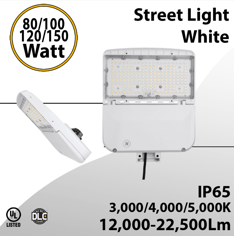 Street Light White Finish 80 to 150W - CCT 3/4/5000K - Up to 22,500Lm