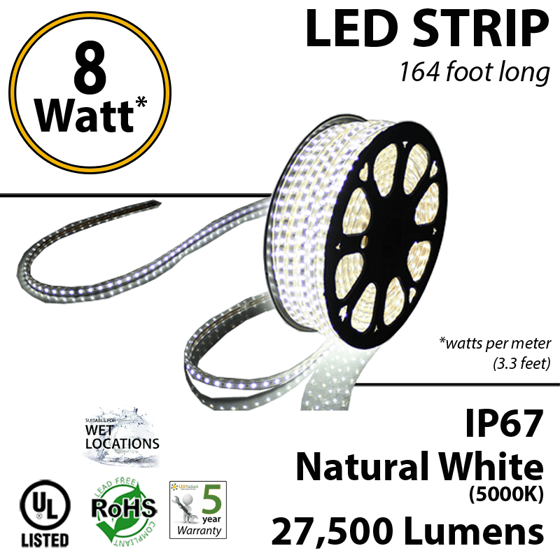 8W p/meter (2.4W p/feet) LED STRIP 50 Meters (164 ft) Natural White 5000K 70 Lumens p/watt