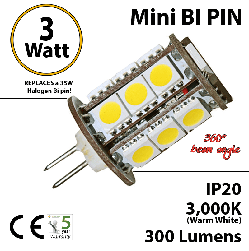 3W GY6.35 Base 3000K Replaces 20 Watt Halogen - 12 Volt DC Dimmable