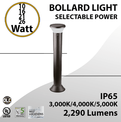 Commercial LED Bollard Lights 26W Tunable CCT & Lumens | 3.5Ft. x 9.5" | Dark Bronze Round