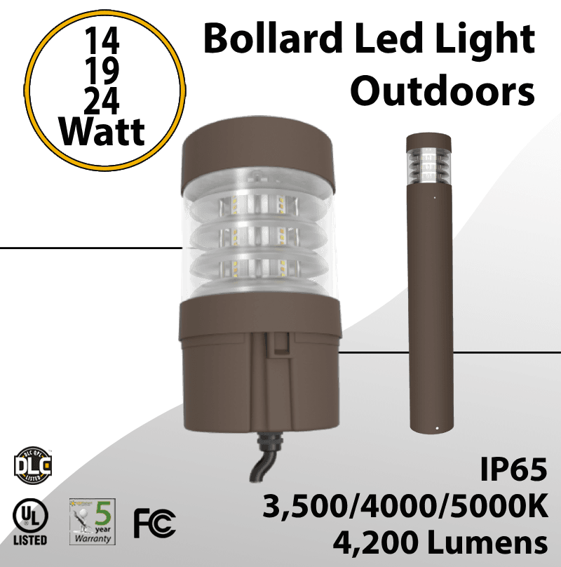 Bollard Led Light Outdoors Steel 14/19/24W Selectable 4200Lm 3CCT