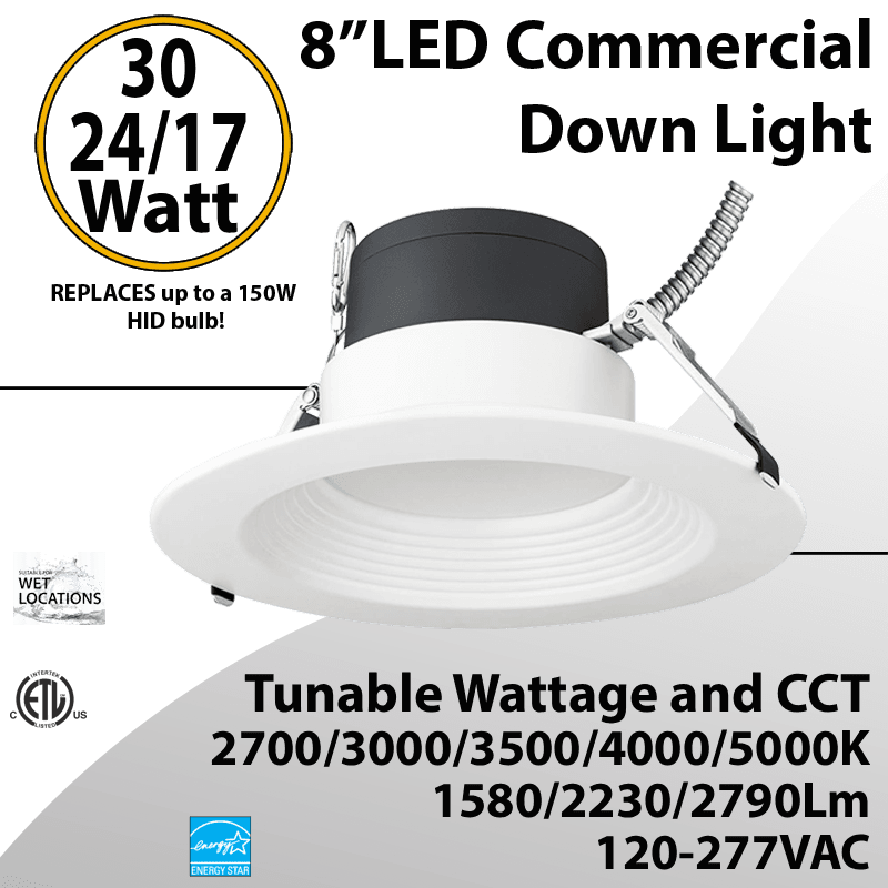 LED Commercial Downlight 8" 17/24/30W 2790lm 100-277V 27/30/35/40/50K