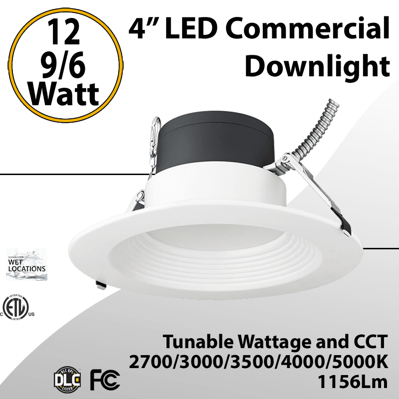 LED Commercial Downlight 4" 12/9/6W 1156Lm 120-277V 27/30/35/40/50K