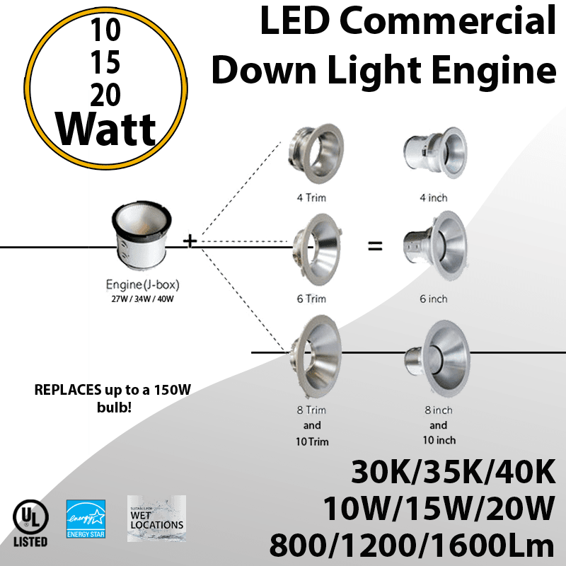 LED Down light Engine 10W 15W 20W 1660Lm 30K/35K/4000K 0-10 Dimmable