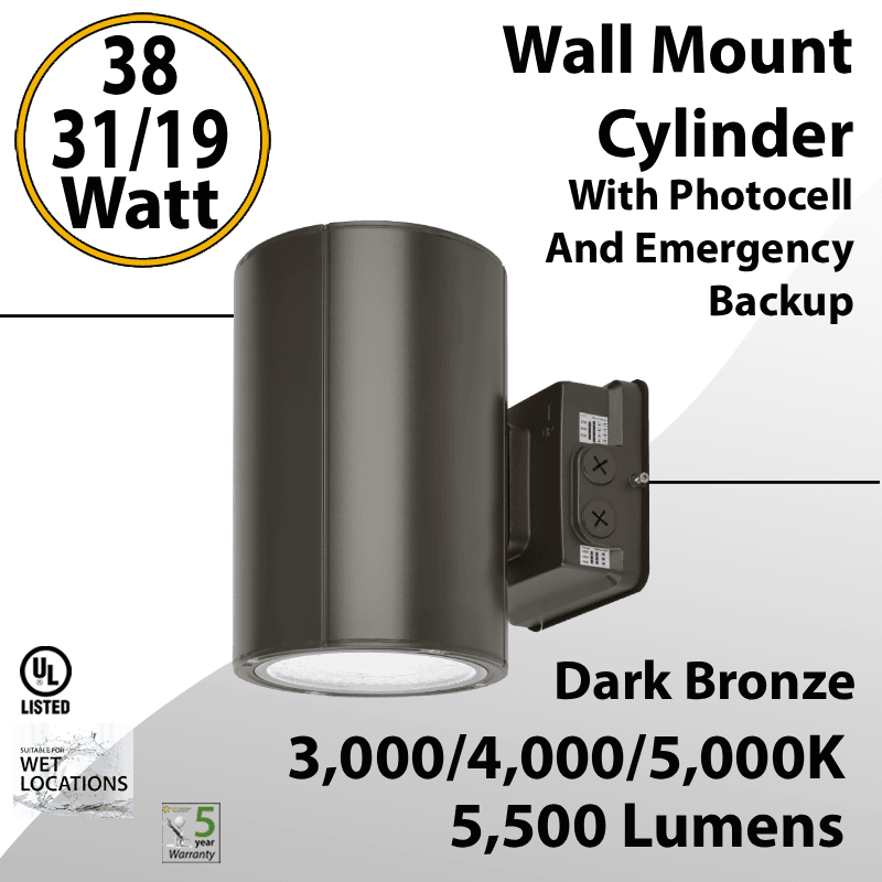 LED Wall Mount Cylinder Light 38/31/19W 3CCT 5500Lm Photocell Emergency