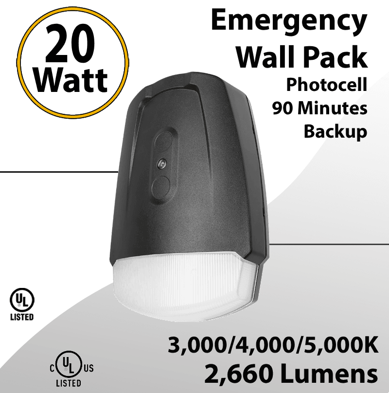 Emergency Wall Pack 20W - Photocell - 90M Backup Light 2660Lm 3/4/5K