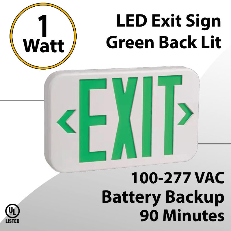 LED Exit Sign Green Back Lit with Battery Backup 1 Watt 90 Minutes