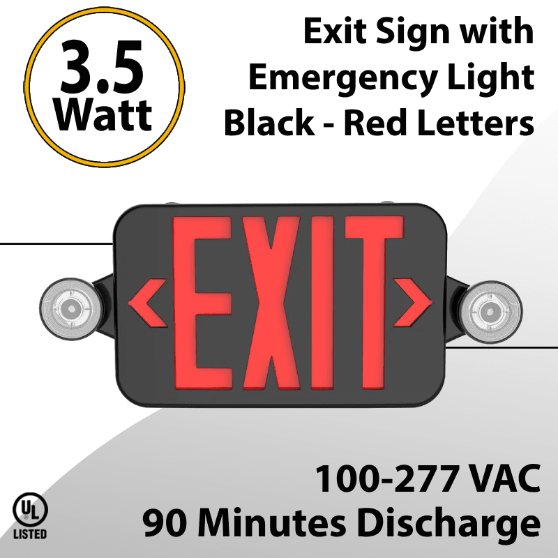 Exit Sign With Emergency Light Black - Red Letters
