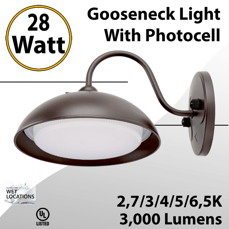 Gooseneck Light Wall Mount 28W 5CCT 2700/3000/4000/5000/6500 Selectable with 3000Lm - W Photocell